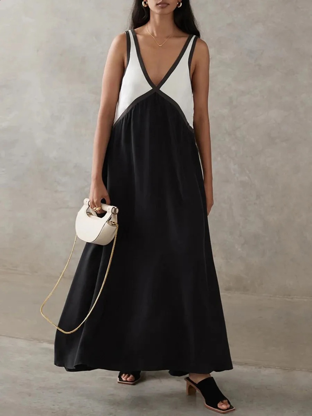 V-Neck Black and White Maxi slip Dress